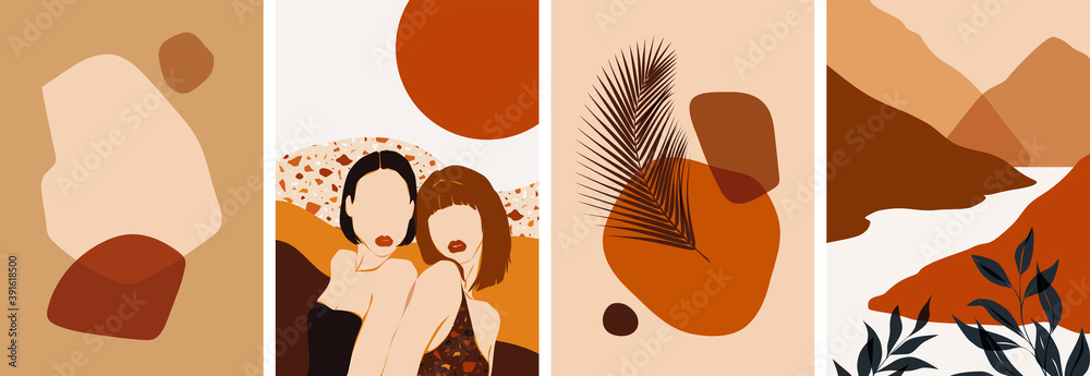 Collection of contemporary abstract art posters. Paper cut male & female, abstract & floral collages, landscape scenes. Design for social media, wallpapers, postcards, prints, romance.