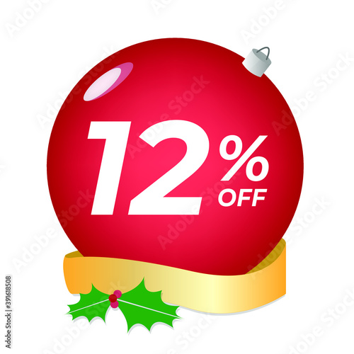 12% off. Twelve percent discount. Christmas sale banner. Red bubble with ornaments on a white background vector.