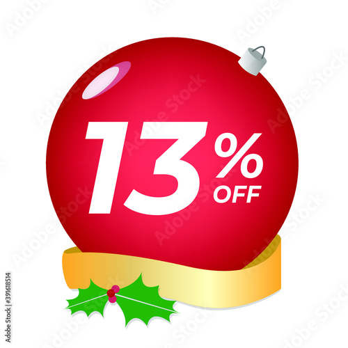 13% off. Thirteen percent discount. Christmas sale banner. Red bubble with ornaments on a white background vector.