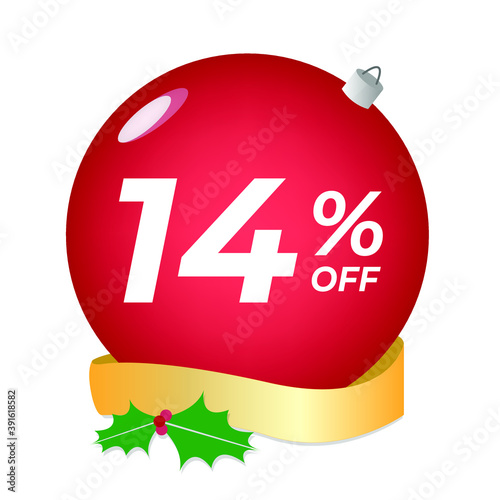 14% off. Fourteen percent discount. Christmas sale banner. Red bubble with ornaments on a white background vector.