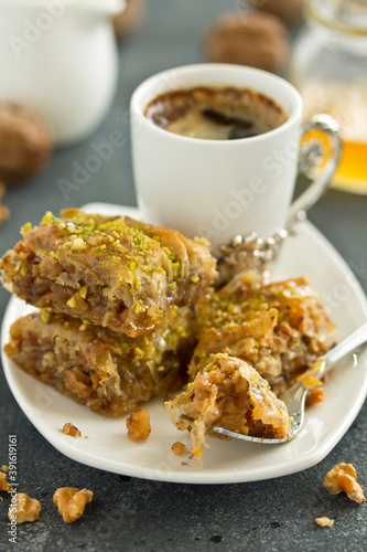 baklava is an oriental sweetness. Selective focus.