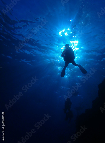 Diver in blue, near St. Johns in Red Sea, Egypt, underwater photograph