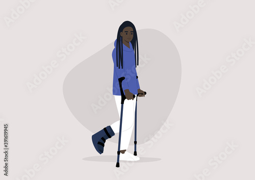 A young female character with a fractured leg using crutches to walk, health care