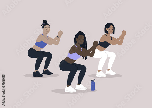 Young female characters doing squats, a gym group workout scene, sport outfit