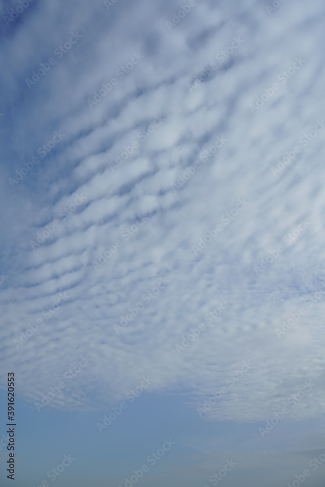 Cirrocumulus floccus, lebhaftes Wolken Bild mit blau und weiß in enger Abfolge Cirrocumulus floccus, lebhaftes Wolken Bild mit blau und weiß in enger Abfolge