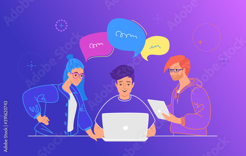 Three guys working as team and talking with speech bubbles. Flat line vector illustration of people with laptop and digital tablet discussing the project at work desk. Teamwork on gradient background