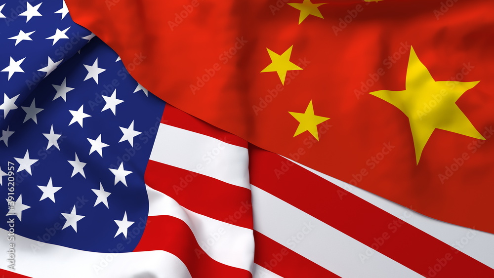 Fototapeta premium USA America China Flag Country Closeup 3D Rendering with fabric silk cotton polyester texture for background banner