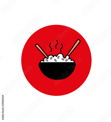 graphic illustration of warm rice food in a brown bowl with two chopsticks, delicious, unique, interesting, and, japanese food. Great for restaurant food icons, food designs, and food logos