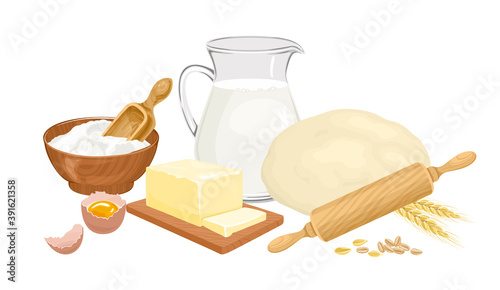 Baking ingredients set. Fresh dough, flour in bowl, jug with milk, butter, egg, rolling pin and ears of wheat isolated on a white background. Vector food illustration in cartoon flat style.