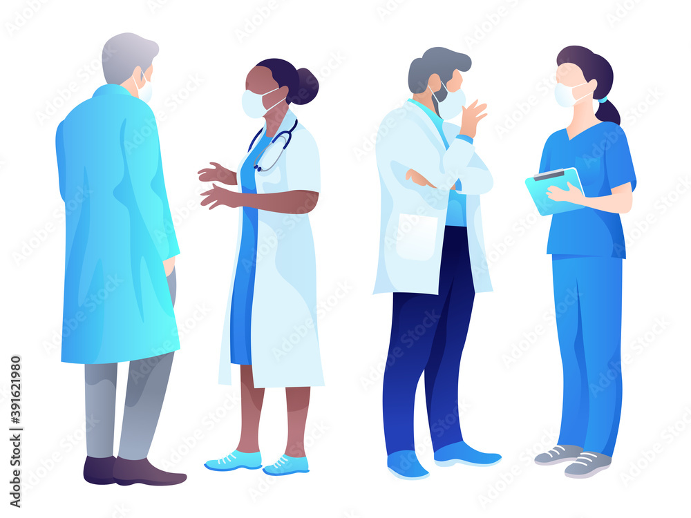 Doctors standing and talking isolated on a white background. Medical digital vector about the working day of doctors and nurses. Illustration for web banner, infographic or printing design Doctors standing and talking isolated on a white background. Medical digital vector about the working day of doctors and nurses. Illustration for web banner, infographic or printing design