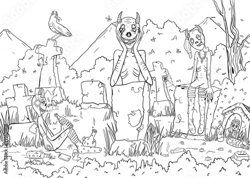 coloring of mystical creatures. characters in the graveyard.