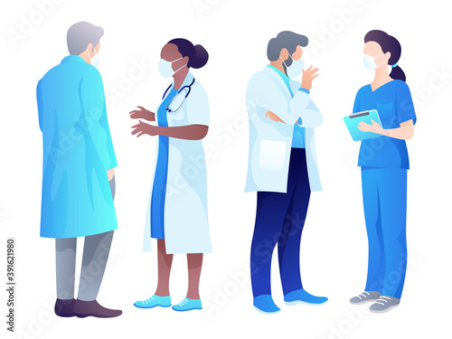 Doctors standing and talking isolated on a white background. Medical digital vector about the working day of doctors and nurses. Illustration for web banner, infographic or printing design