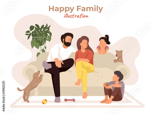 Happy family sitting on the comfy couch and talking. Parents and children have fun with dogs in cozy home. Cartoon interior in natural colors. Modern stay safe vector illustration