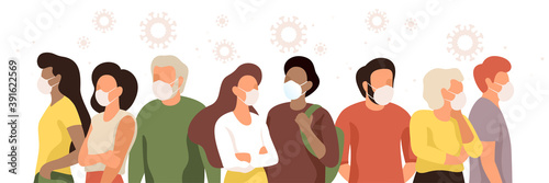 Multicultural men, women and seniors wearing medical masks during the epidemic to stop spread virus. Group of people standing isolated on white background. Natural color modern vector illustration