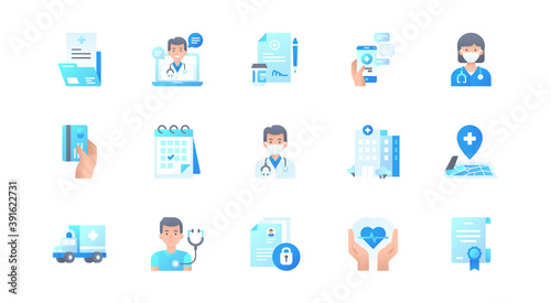 Set of flat vector icons for website, mobile app or graphic design. Medical support, online health care, health insurance, pharmacy, medical services modern elements