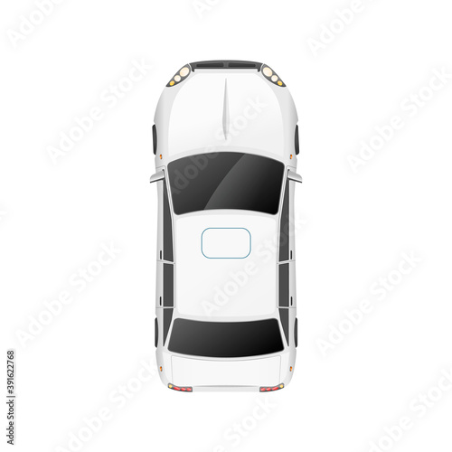Top view of realistic glossy white casual car on white