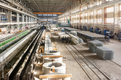 Photography Concrete production factory with reinforced concrete elements and raw materials
