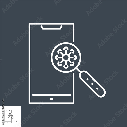 Virus on the surface of a smartphone related vector thin line icon. Cornavirus in a magnifying glass on the surface of a smartphone. Isolated on black background. Editable stroke. Vector illustration. photo