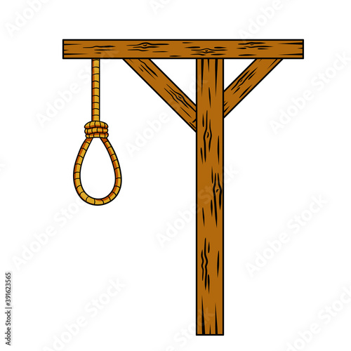 Gallows. Wooden structure for execution. Medieval justice. Place of death. Murder and punishment. Rope with a noose. Cartoon illustration