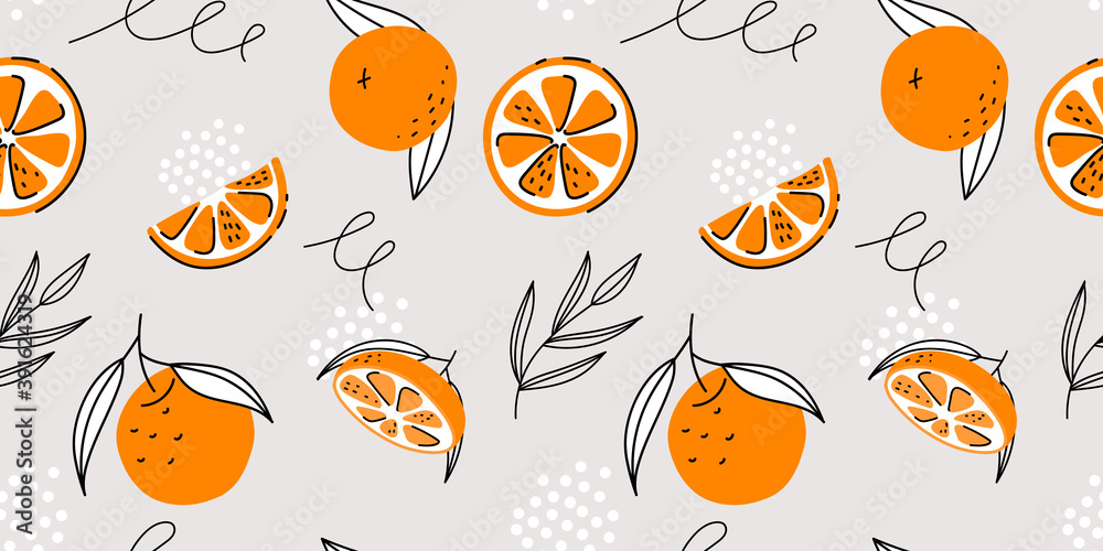 Fototapeta premium Tropical Seamless Bright light pattern with Fresh oranges for fabric, drawing labels, print on t-shirt, wallpaper of children's room, fruit background. Slices of orange doodle style background.