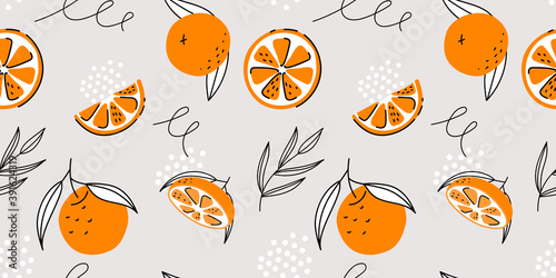 Tropical Seamless Bright light pattern with Fresh oranges for fabric, drawing labels, print on t-shirt, wallpaper of children's room, fruit background. Slices of orange doodle style background.