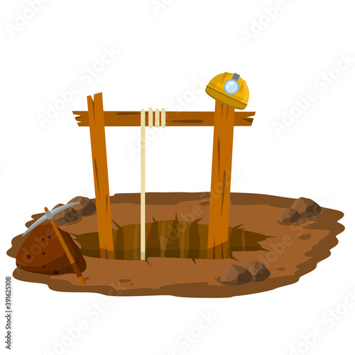 Mine. Hole in ground, rocks, pickaxe, miner's helmet. Extraction of minerals. Industrial concept. Old lifting mechanism