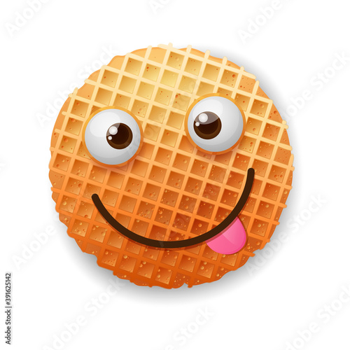 Playful happy smile from Belgium round waffle, gold colors, isolated on white background. Vector illustration. Cartoon icon, emoji, emotion.