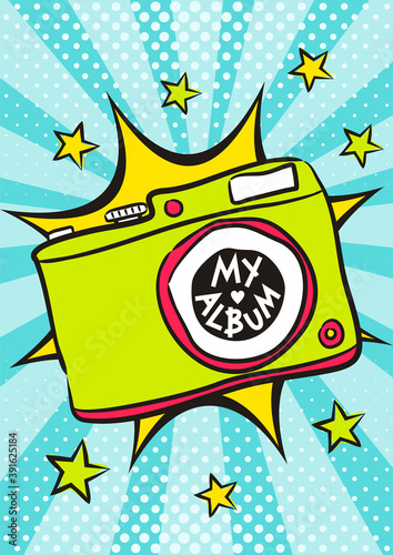 Children's photo book cover in pop art style. Bright wrapper for photo album. Template for the design of frames, posters, cards, stickers. Vector illustration.