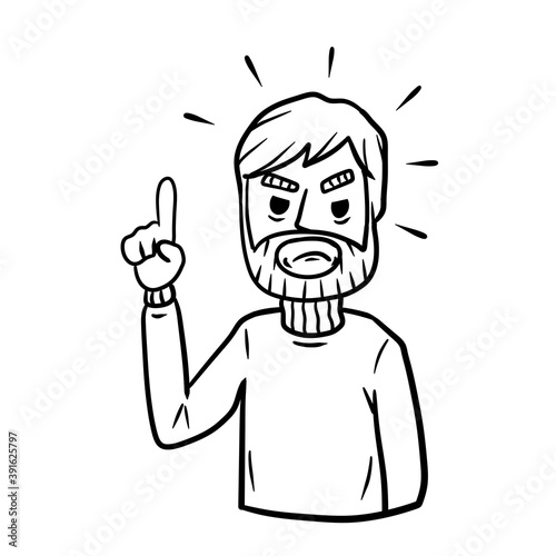 Stern man points with his finger. Negative emotion guy. Note and remark. Cartoon hand drawn black and white sketch illustration. Angry hand gesture. Caution and attention