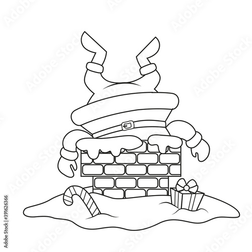 Santa Claus stuck in the chimney. Merry Christmas and Happy New Year. Black and white illustration for coloring book