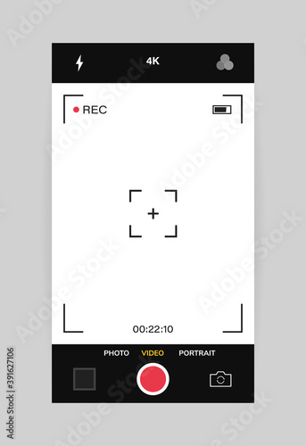 Phone camera interface vertical view. Mobile app application. Video shooting. Vector illustration graphic design
