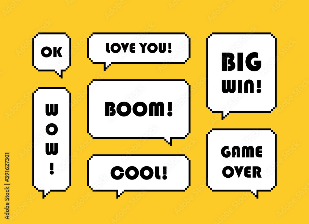 Set different pixel speech bubble with text expression isolated on yellow background. Geometric texting dialogue boxes. Modern vector illustration Set different pixel speech bubble with text expression isolated on yellow background. Geometric texting dialogue boxes. Modern vector illustration