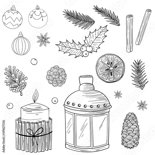 Set of black and white Christmas and New Year decor. Baubles, light bulbs, glass, cinnamon, tree twig, pine cone, orange, candle, candlestick. Isolated vector illustrations on white background.