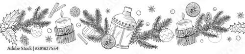 Seamless border of black and white Christmas and New Year decor. Baubles, light bulbs, glass, cinnamon, tree twig, pine cone, orange, candle, candlestick. Isolated vector on white background.