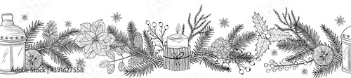 Seamless border of black and white Christmas and New Year decor. Baubles, light bulbs, glass, cinnamon, tree twig, pine cone, orange, candle, candlestick. Isolated vector on white background.