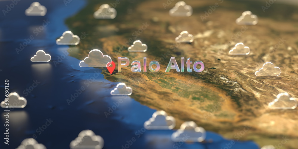 Cloudy weather icons near Palo Alto city on the map, weather forecast related 3D rendering Cloudy weather icons near Palo Alto city on the map, weather forecast related 3D rendering