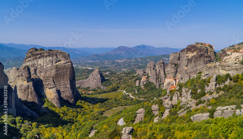 Amazing horizontal panoramic view of the valley of Meteora, Thessaly, Greece with Rousanou monastery