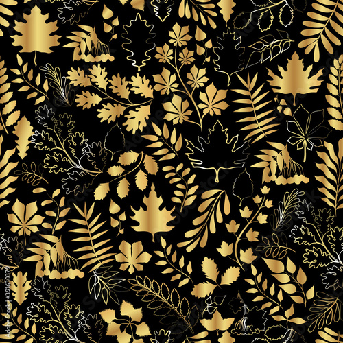 Seamless vector pattern with golden plants on a black background. Autumn leaves.