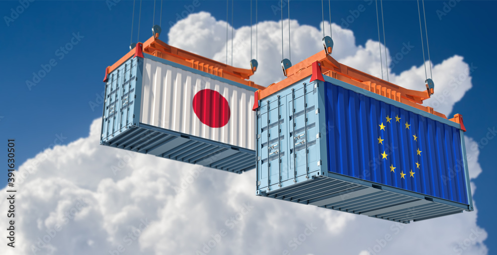 Freight containers with European Union and Japan flag. 3D Rendering 