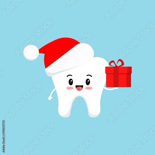 Chistmas tooth with gift in red Santa Claus hat icon isolated on background. Dental holiday character - white funny tooth with present. Flat design cartoon style vector stomatology logo illustration. 