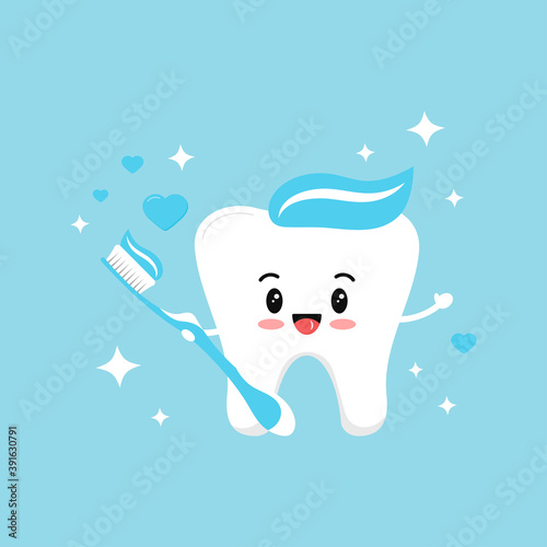 Cute tooth boy in love with blue toothbrush with paste hearts and sparkles. Flat design cartoon sweet smiling character vector illustration. Happy love tooth hold brush. Children teeth hygiene concept