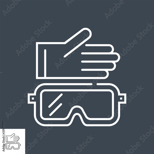 Protective cloth related vector thin line icon. Glove and safety glasses. Isolated on black background. Editable stroke. Vector illustration.