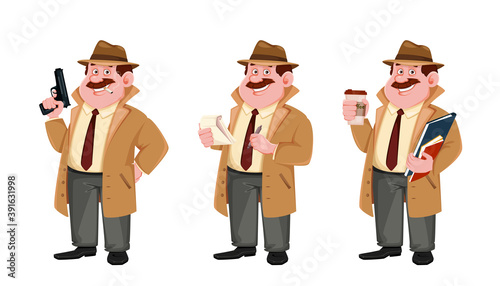 Detective cartoon character, set of three poses