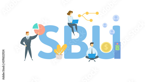 SBU, Strategic Business Unit. Concept with keywords, people and icons. Flat vector illustration. Isolated on white background.