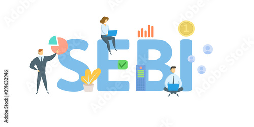 SEBI, Securities and Exchange Board of India. Concept with keywords, people and icons. Flat vector illustration. Isolated on white background.