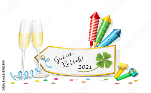 Silvester Karte „Guten Rutsch 2021“ mit Raketen, Kleeblatt, Sektgläser, Kärtchen, Konfetti, Tröten und Text, 
Vektor Illustration isoliert auf weißem Hintergrund
