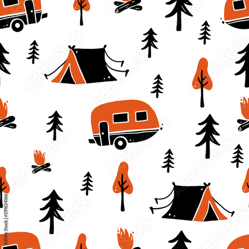 Set of hand drawn seamless pattern tourism and camping equipment. Doodle style illustration. Activity holiday, outdoor travel concept.