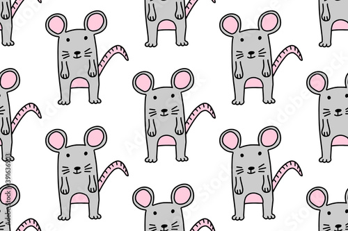 Hand drawn lines cartoon Mouse. Doodle seamless pattern for kids isolated on white background. For your fabric, textile design, wrapping paper or wallpaper.