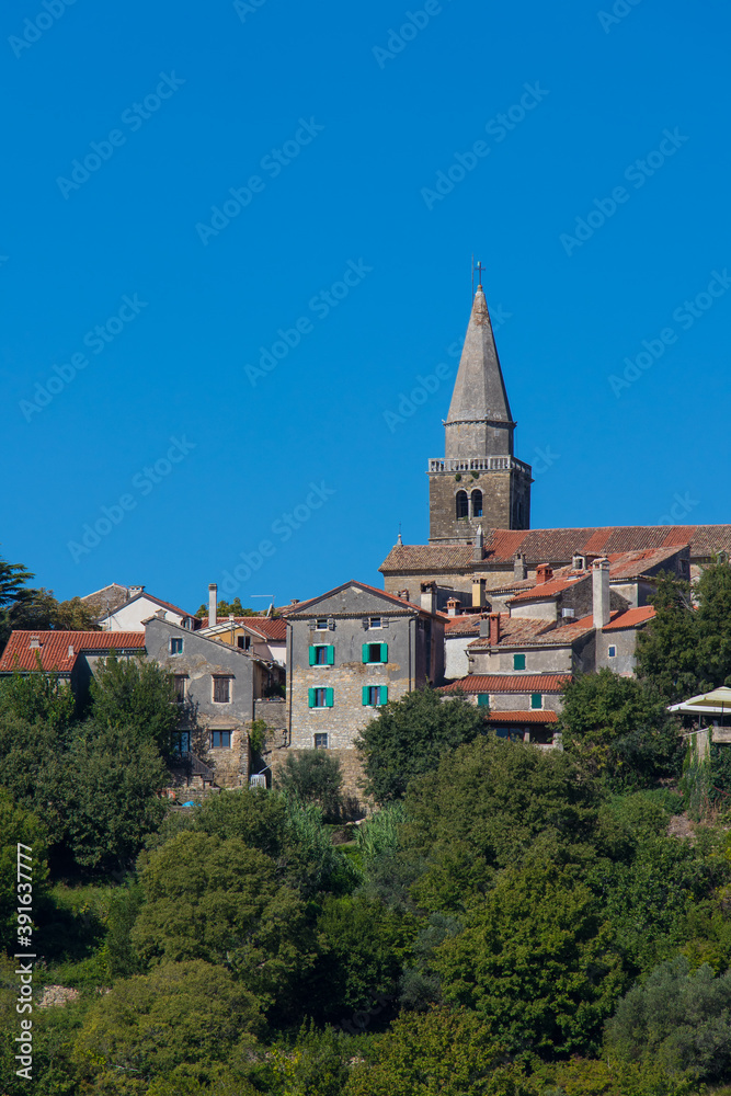 View on church tower of town Groznjan, Istria, Croatia