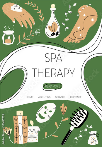 Vector illustration with layout landing page, home page on topic Spa therapy. Elements for taking care body are shown against background of button templates, labels.